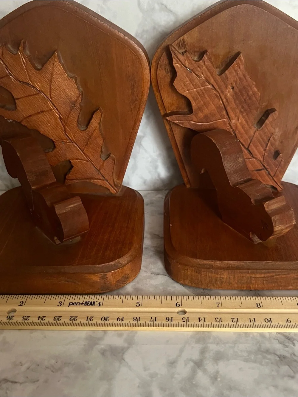 Handcrafted Brown Wooden Book Ends Leaf Accent